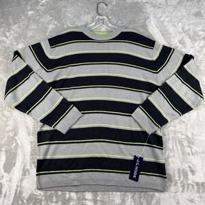 J.G. Hook Mens Striped Crewneck Sweater Grey Black Lime Green Large 58411 NWT